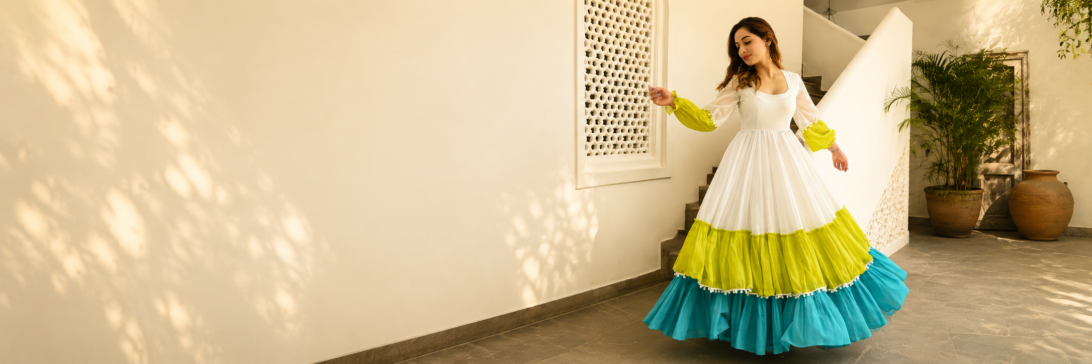 White & Green Tiered Anarkali Gown
