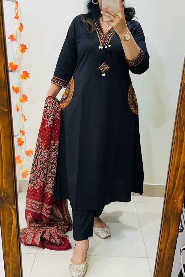 Premium  Cotton with Heavy Embroidery work in Neckline, pockets and sleeves with Azrak Cotton dupatta